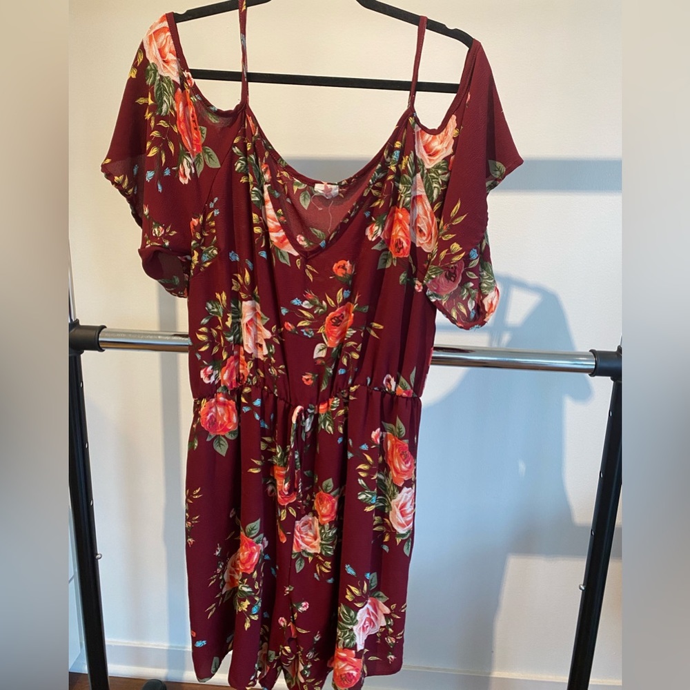 Cold Shoulder Burgundy Floral Romper